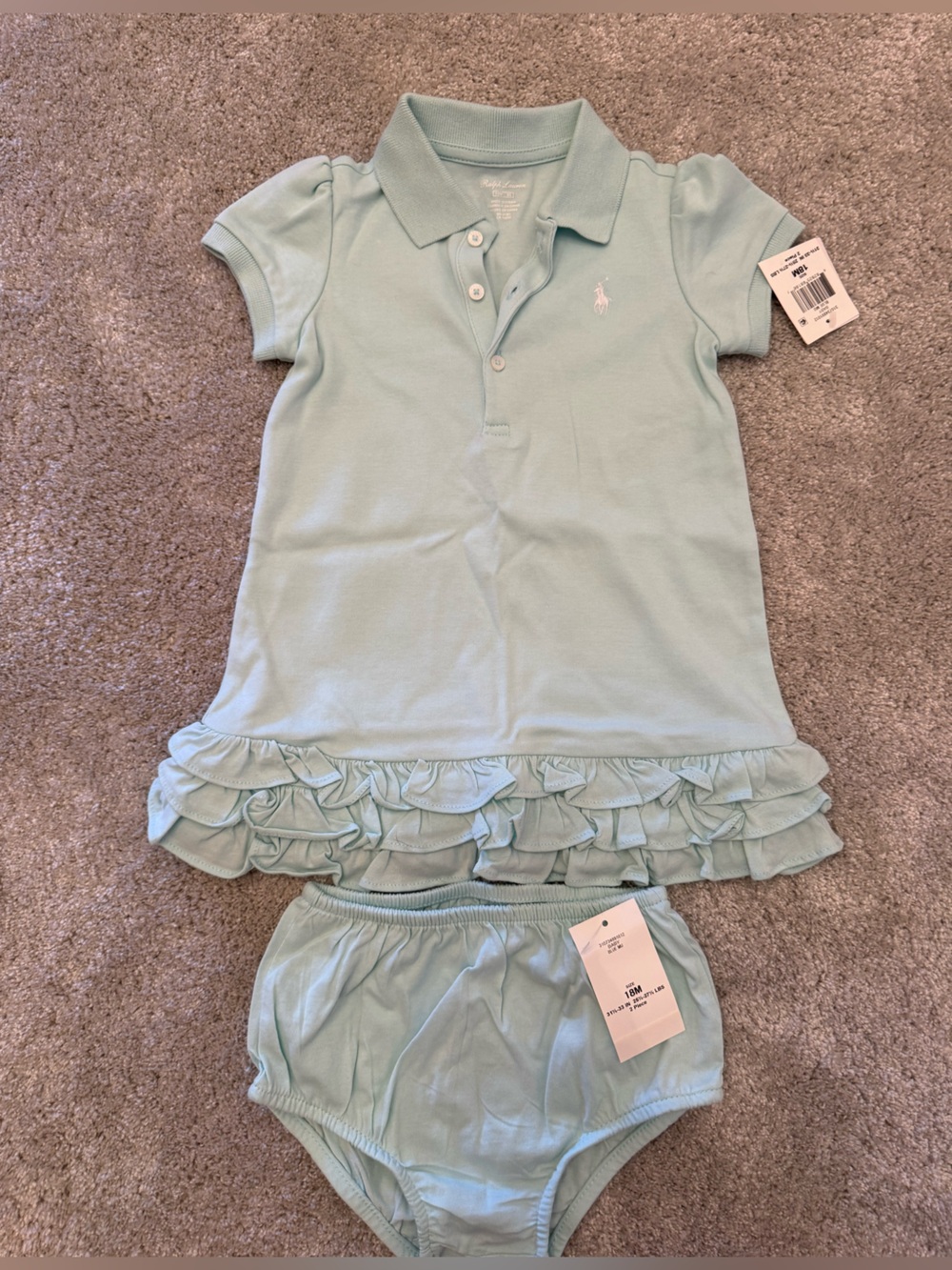 Ralph Lauren Girls' Light Aqua Polo Bloomer Set with Ruffle Hem - Size 18M - NWT